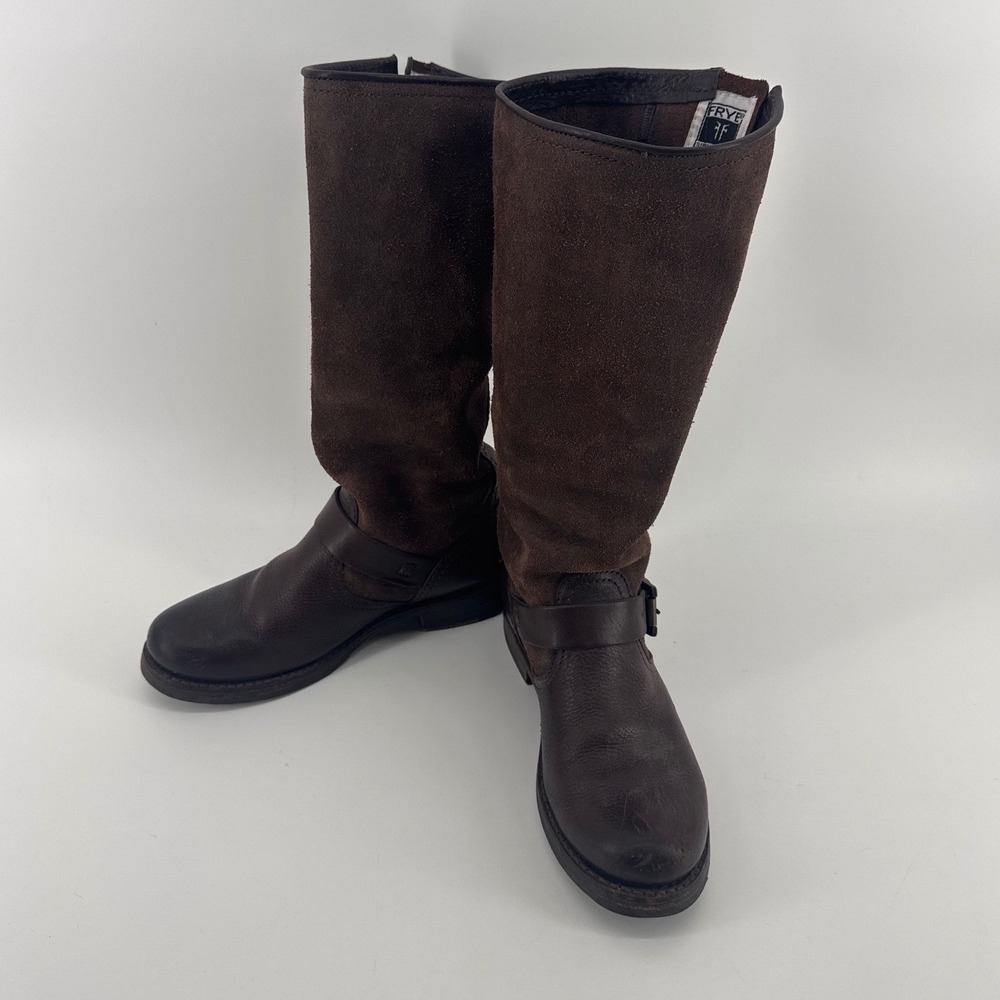 Frye Veronica Slouch Engineer Tall Boots Women's 7.5 Brown Leather Suede Buckle